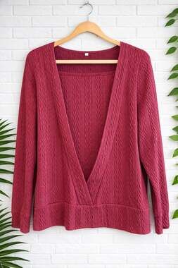 Jillian N Women's Burgundy Cable Textured Faux Wrap Long Sleeve Top
